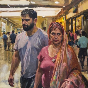 Dynamic painting.A sweaty beefy man walking with his 54 year old...