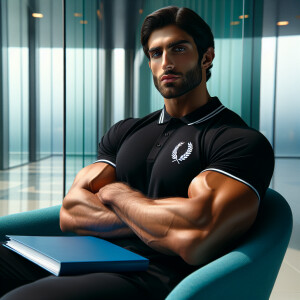 The image shows a muscular man sitting on a teal-colored chair....