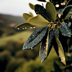 Close-up of Dew Drops: "A close-up shot of dew drops on olive tr...