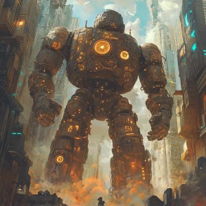 In an otherworldly holo-deck scenario, a towering figure of a mechanical golem with intricate clockwork gears and glowing runes etched into its metallic surface looms over a labyrinthine urban setting. The image, a digital painting, captures the golem amidst a backdrop of avant-garde cityscape designs and abstract geometric shapes. The details shimmer with a surreal brilliance, from the shimmering bronze hues of the golem's body to the pulsating neon lights that dance across the architecture. This high-definition image immerses the viewer in a mesmerizing fusion of ancient mysticism and futuristic urban chaos.