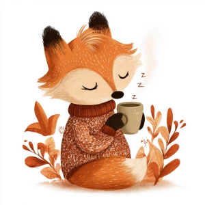 Sleepy fox sipping tea with closed eyes, cozy cartoon vector sty...