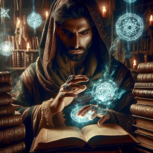 Describe a warlock casting an ancient spell, with intense focus...