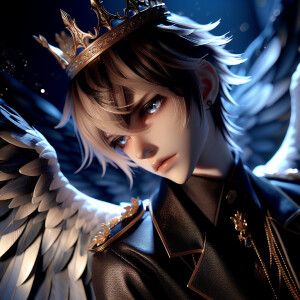 a darck anime boy with glowing wings and gold crown