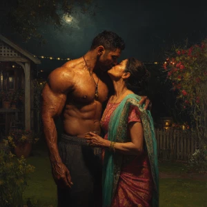 Create a hyperrealistic painting depicting a muscular, sweaty In...