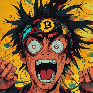 a wide-eyed, manic man with wild hair and huge pupils, open-mout...