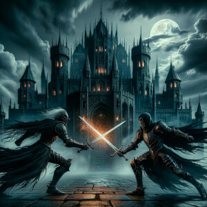 Two black knights sword fighting in front of undead castle