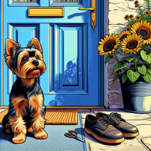 Photorealistic comic hyperrealism. Yorkie sitting in front of a...