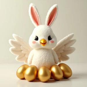 A Easter bunny head with a chicken body with wings with golden e...