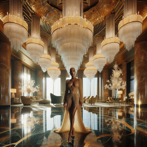 o	In the opulent splendor of an Art Deco penthouse, an elegant L...