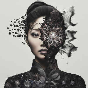 Capture a futuristic Geisha in a kimono made of quantum threads...