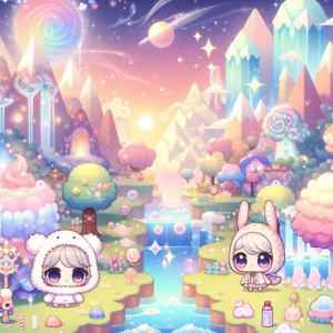 Create a chibi-style wallpaper with cute, oversized-eyed charact...