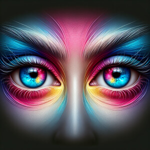 multicolored eyes, prominently featuring shades of blue, pink, a...