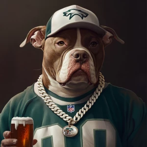 Create an image of a pit bull wearing a white gold chain and a Philadelphia Eagles  cap and football jersey. He is also holding a beer