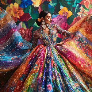 Describe the image featuring a person adorned in a brightly colo...