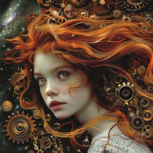 Steampunk Virgo. Facing front, long red hair, pale skin, brown e...