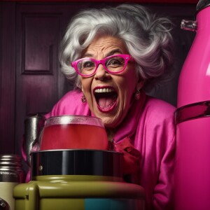3d realistic image of a very mad  60s grandma with tousled grey...