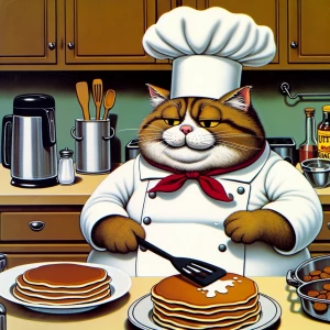 A fat lazy cat making pancakes in the kitchen with a chef’s hat