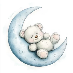 A cute, cartoon teddybear lies on a stylized, soft blue grey crescent moon. The moon shows the crater holes and relief in the surface. The teddy bear is light gray with large, round, pink-spotted ears.  Its body is round and he has expressive eyes.  its facial expression is happy and friendly. The teddy bears leg and foot are visible, and its posture is relaxed, lying down in the curve of the moon. it's stomach is lying down on the moon with left arm and leg showing hanging down. The moon is a soft, shaded blue, with watercolor-like texture and subtle shading. The background is white. The image is in a child-friendly style, showcasing delicate line work and color palettes. The composition is centered on the teddy bear which is positioned lying slumped face down on  the moon, giving the moon a hug with closed eyes. The overall style is sweet, whimsical, and reminiscent of children's book illustrations.  The colors are pastel and soothing, creating a gentle atmosphere.