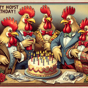 Five festively dressed roosters, happy birthday, holding a cake....