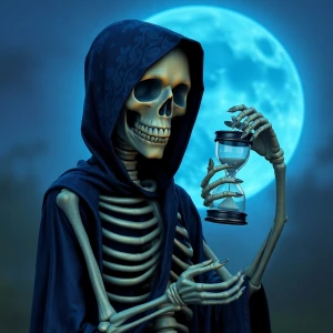 Generate an image of a skeleton wearing a blue paisley print hoo...