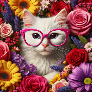 A stylish white cat sporting pink glasses amidst a vibrant bouqu...