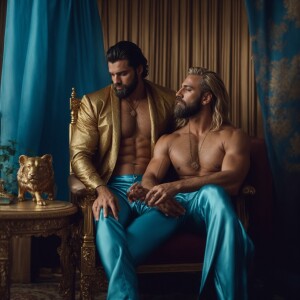 A King with blonde hair and beard muscle body hairy chest shirtl...