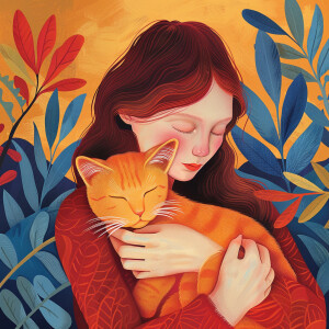 An erté type of drawing with the woman holding a cat
