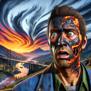 Man with similarities to Freddy Krueger, charred face, vivid exp...