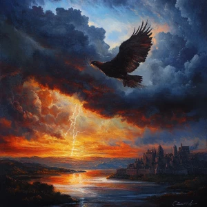 A great eagle-shaped cloud in the evening, blotting out the suns...