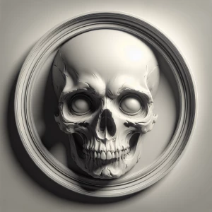 Create a 3D bas-relief image of an evil skull with human eyes in...