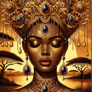 A digital illustration of a Latina woman's portrait with a luxur...