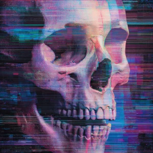 Portrait of alien's creature skull with digital glitches, color...