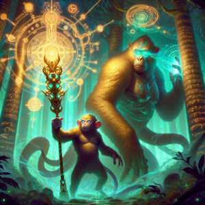 Create Wukong, the Monkey King, wielding a glowing golden staff...