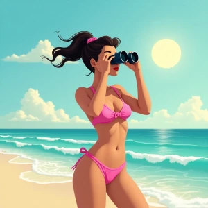 "A Hispanic female standing by the seaside in a pink bikini look...