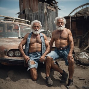 Two muscular, older men in their 60s with gray hair neatly kept...