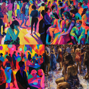 A party where everyone is partying and one boy is sitting aside...