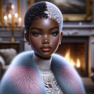 a full body veiw of a colorful gloss hyper realistic oil painting of a regal beautiful light skinned afro  American girlwith beautiful pixie cut one side of hair is black and the other side  of her hair white slick baby hair and furry white and pink and blue furry coat and outfit under the coat standing in living room with fireplace