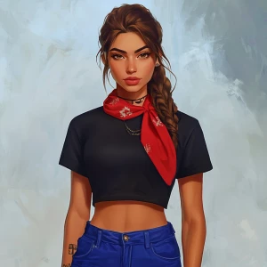 Lucia from GTA, not very cute girl with brown hair, thick eyebro...