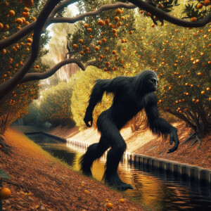 A large, black-furred humanoid resembling Bigfoot swinging among...