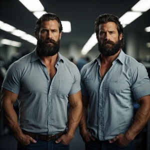 bodybuilder men stand side by side. Both have thick, full beards...