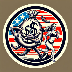 Design a circular logo featuring a cartoon character of a money...