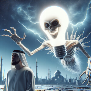 Malevolent sentient light bulb with arms and a sinister expressi...