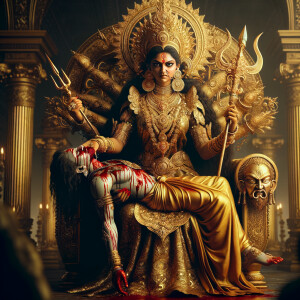 portrait of angry looking goddess durga sitting on a gold crown and carrying a weak mahishasur on her lap and stabbing him with her amazingly designed trident. She is wearing gold armor, a huge gold crown, gold saree, abundant  gold jewelry, covered in blood. The scene is set in ancient India. The image is 8K resolution, cinematic, ultra detailed face and epic.