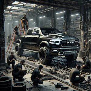 Dodge RAM Performance, dark black, in the workshop with mechanic...