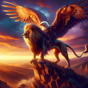 Design a majestic leogriff (lion-eagle hybrid) that combines the...