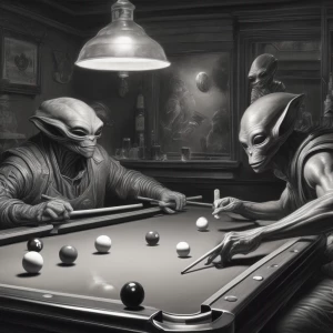 Shadowy alien figures engaging in a humorous game of pool and en...