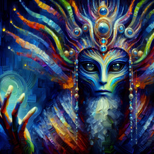 A mesmerizing alien sorcerer, his intricate features conjure a s...