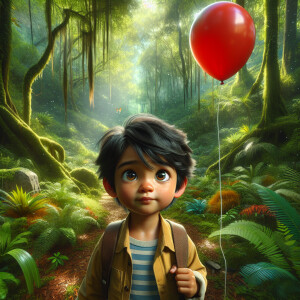 Draw a picture of a little boy holding a red balloon in the fore...