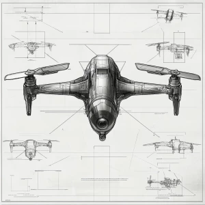 A detailed specification sheet for drone with callouts and dimensions, highly technical