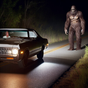 A Sasquatch-like creature with human-like features, covered in t...